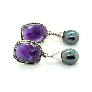 Silver 925 India Amethyst/Pearl Drop Earrings